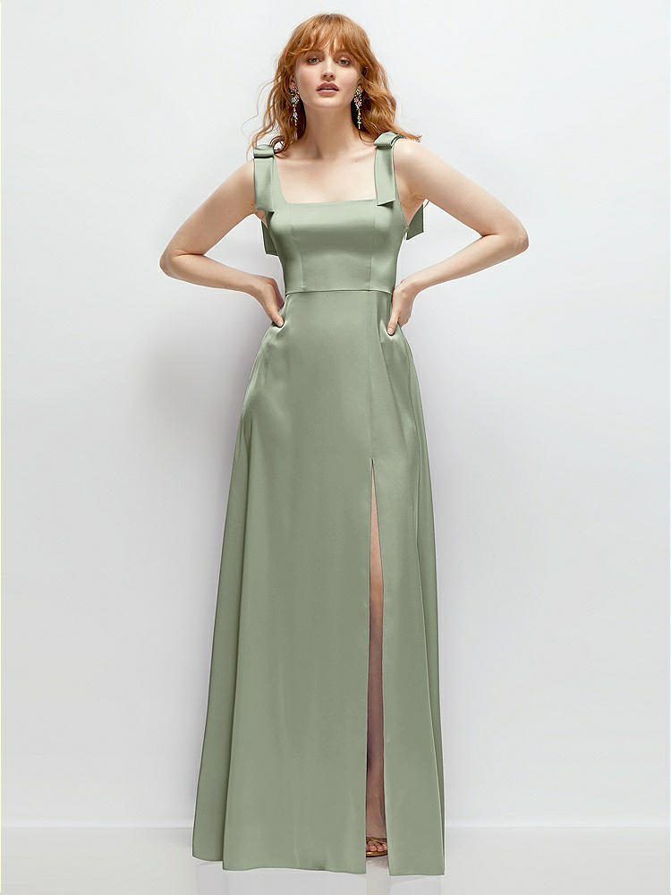 Square Neck Fluid Satin Maxi Dress with Bow Straps  in  Sage