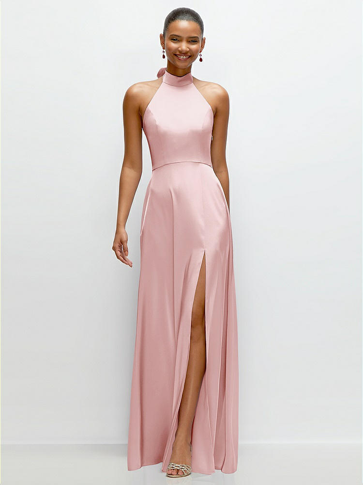 Band Collar Halter Open Back Fluid Satin Maxi Dress with Self-Tie Bow in  Ballet Pink