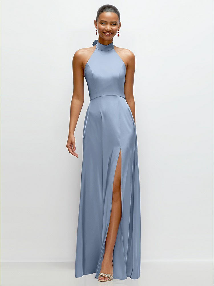 Band Collar Halter Open Back Fluid Satin Maxi Dress with Self-Tie Bow in  Cloudy