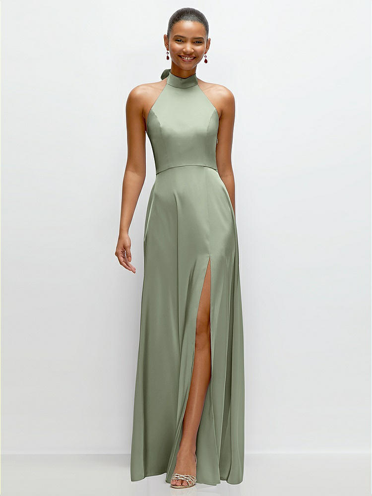 Band Collar Halter Open Back Fluid Satin Maxi Dress with Self-Tie Bow in  Sage