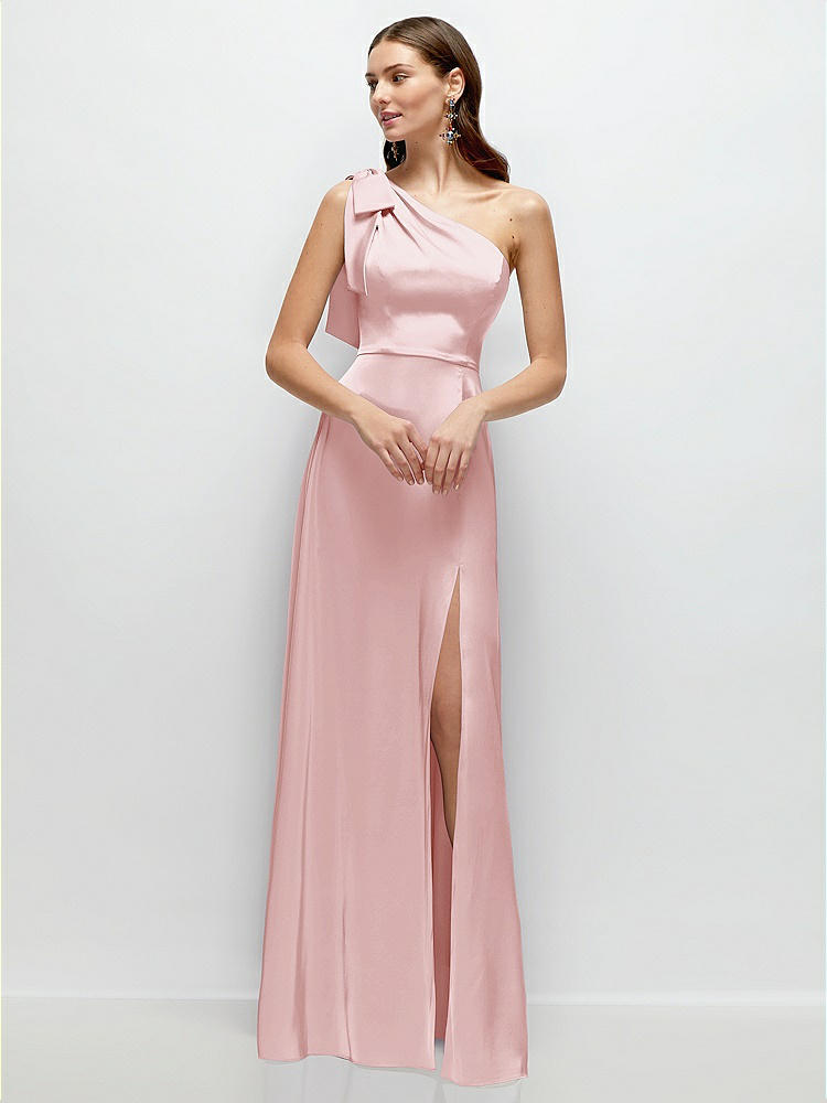 Bow One-Shoulder Fluid Satin Maxi Dress with Full Skirt in  Ballet Pink