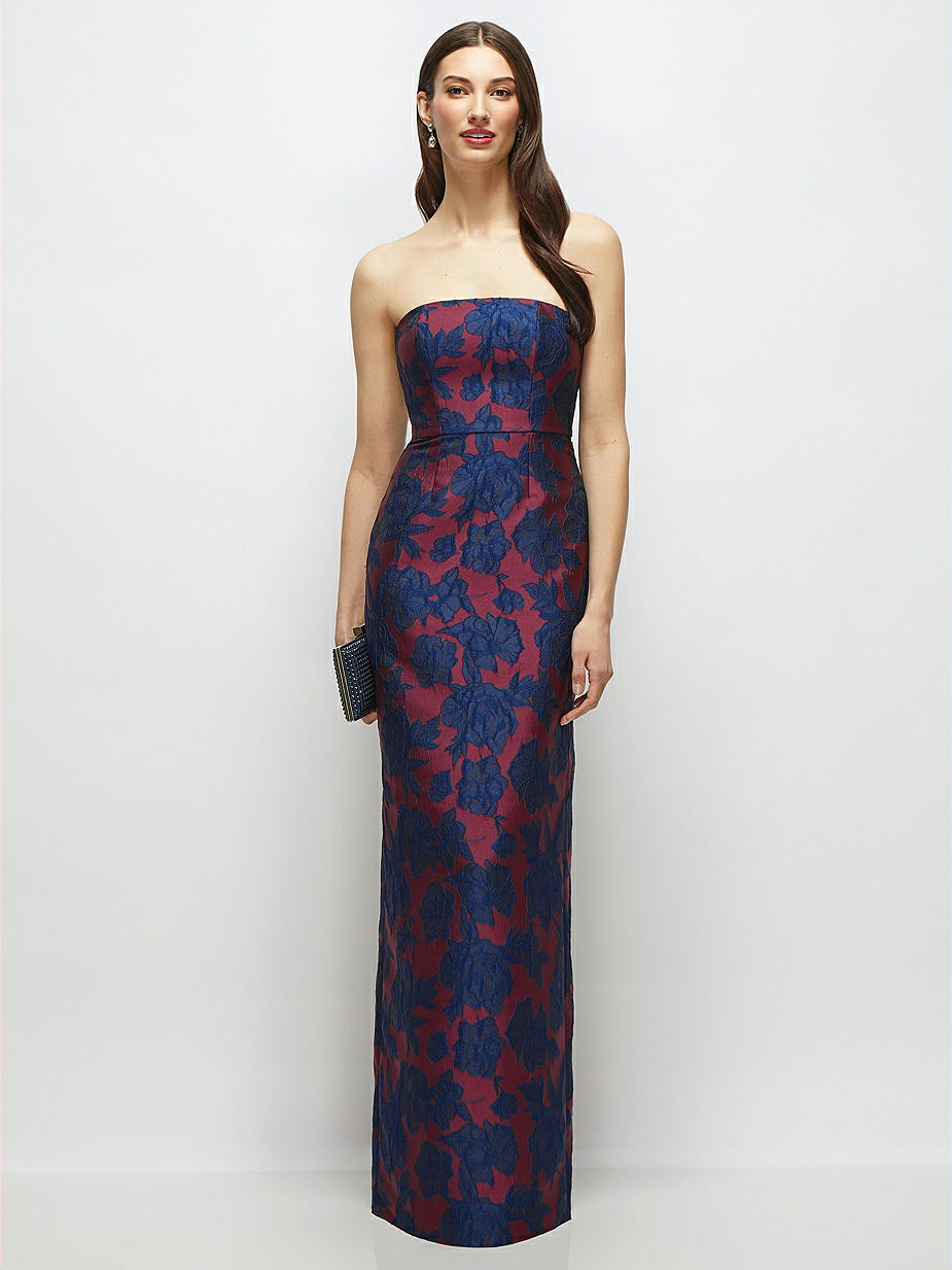 Burgundy & Navy Floral Jacquard Bridesmaid Dresses by Dessy