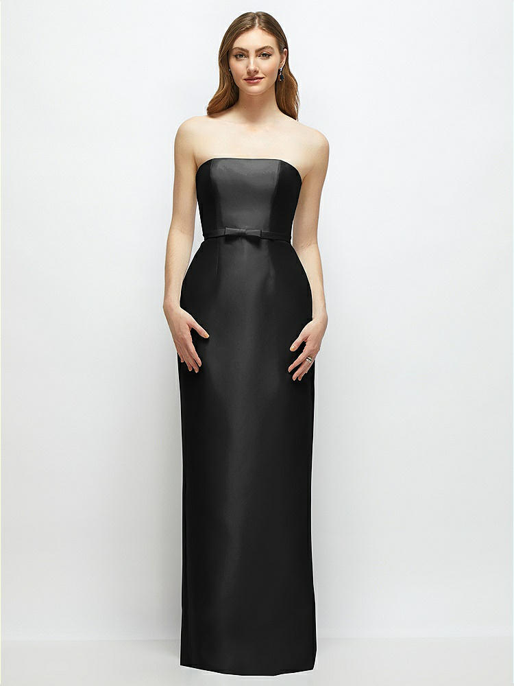 Strapless Satin Column Dress with Bow-Trimmed Skinny Belt in  Black