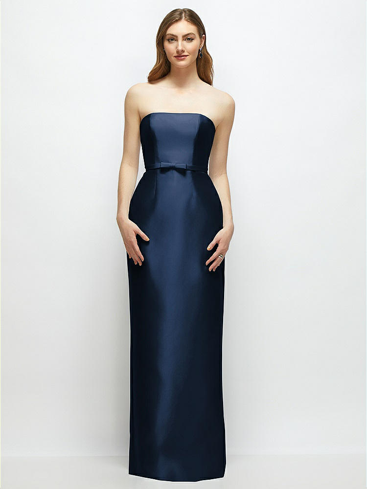 Strapless Satin Column Dress with Bow-Trimmed Skinny Belt in  Midnight Navy