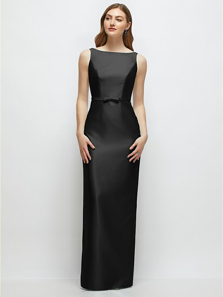 Bateau Neck Satin Column Dress with Bow-Trimmed Skinny Belt in  Black