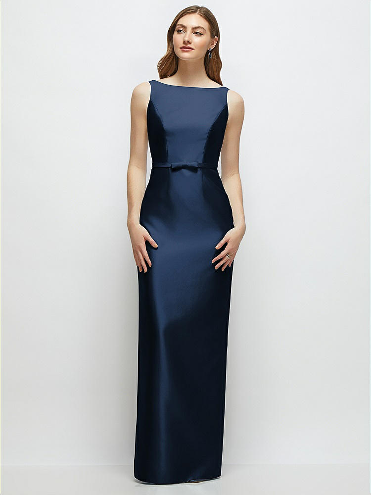 Bateau Neck Satin Column Dress with Bow-Trimmed Skinny Belt in  Midnight Navy