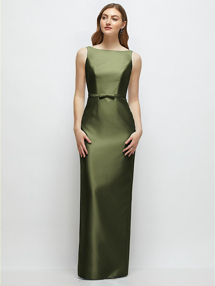 Bateau Neck Satin Column Dress with Bow-Trimmed Skinny Belt in  Olive Green
