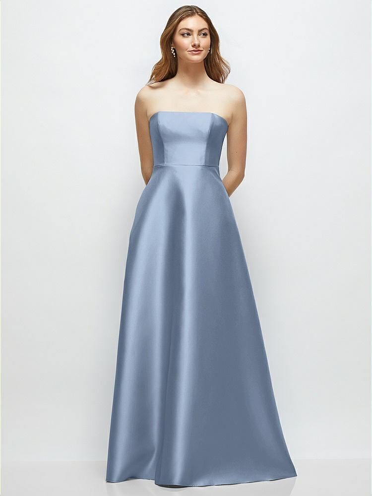 Strapless Satin Gown with Full Skirt and Covered Buttons at Back in  Cloudy