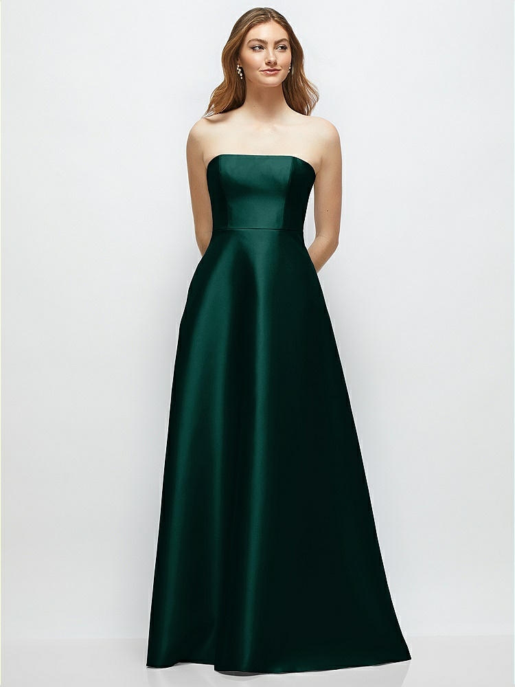 Strapless Satin Gown with Full Skirt and Covered Buttons at Back in  Evergreen