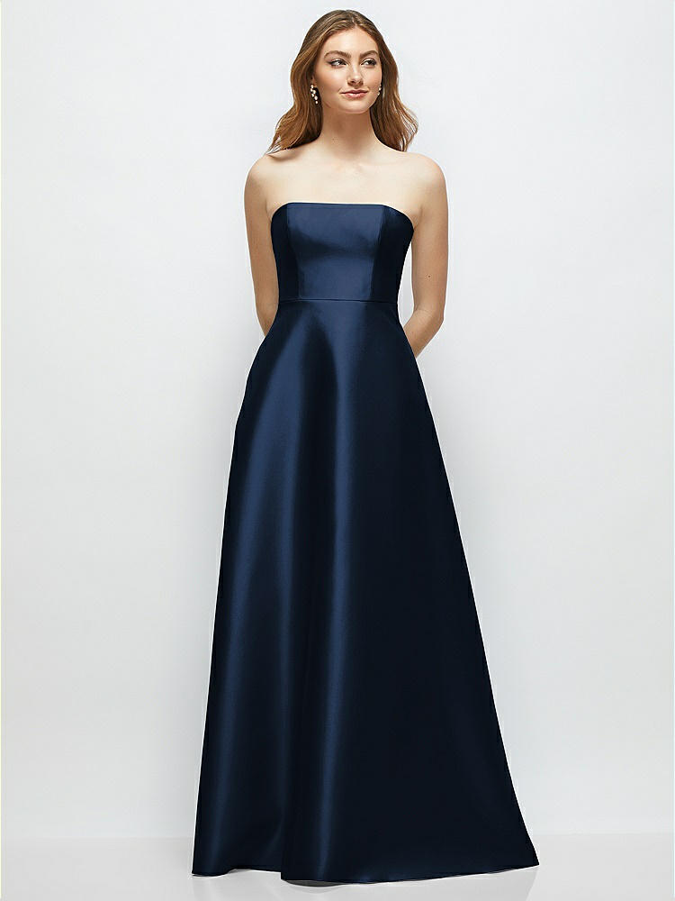 Strapless Satin Gown with Full Skirt and Covered Buttons at Back in  Midnight Navy