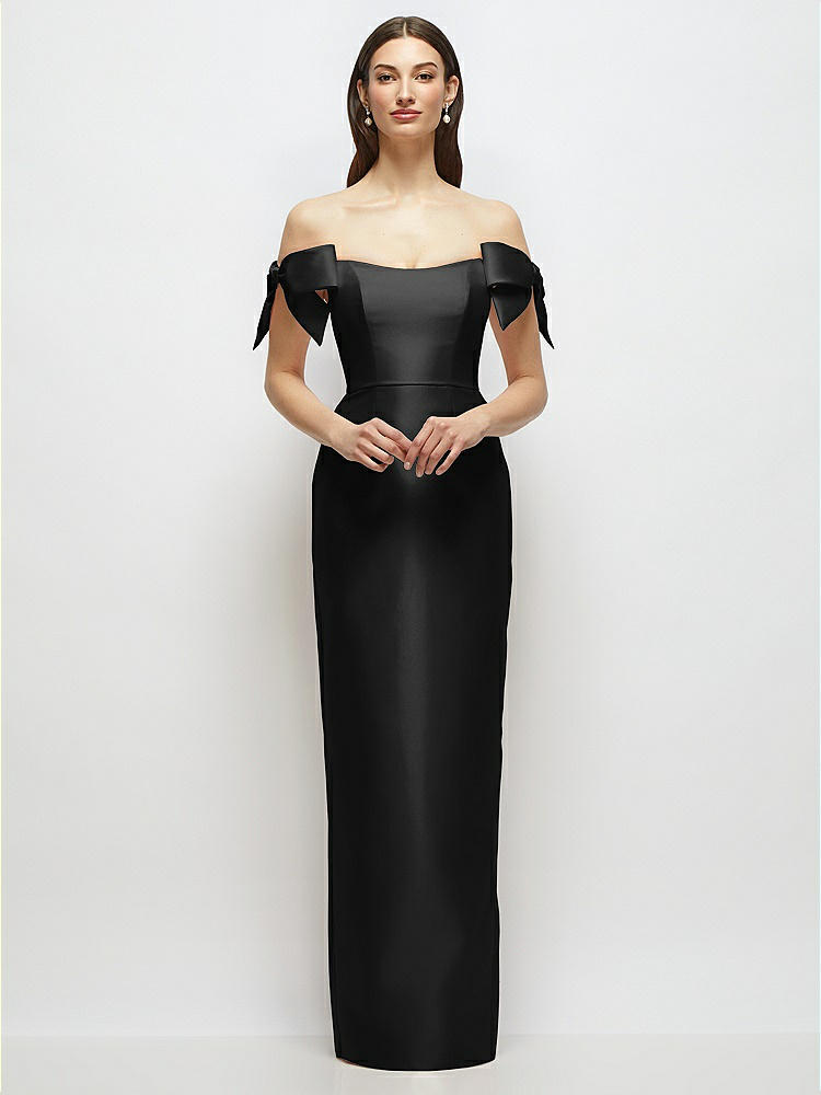 Basque-Neck Satin Column Maxi Dress with Off-the-Shoulder Bows in  Black