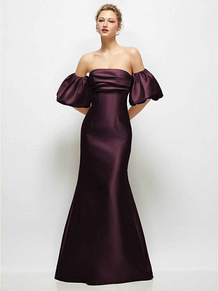 Off-the-Shoulder Puff Sleeve Satin Maxi Dress with Flared Skirt in  Deep Plum