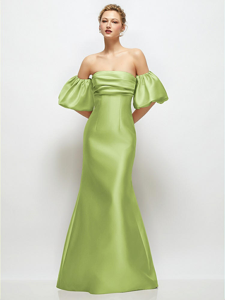 Off-the-Shoulder Puff Sleeve Satin Maxi Dress with Flared Skirt in  Mojito