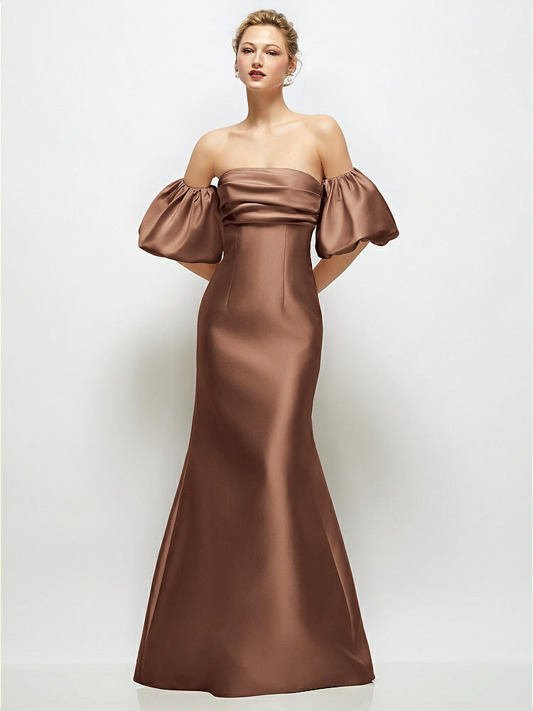 Off-the-Shoulder Puff Sleeve Satin Maxi Dress with Flared Skirt in  Cognac