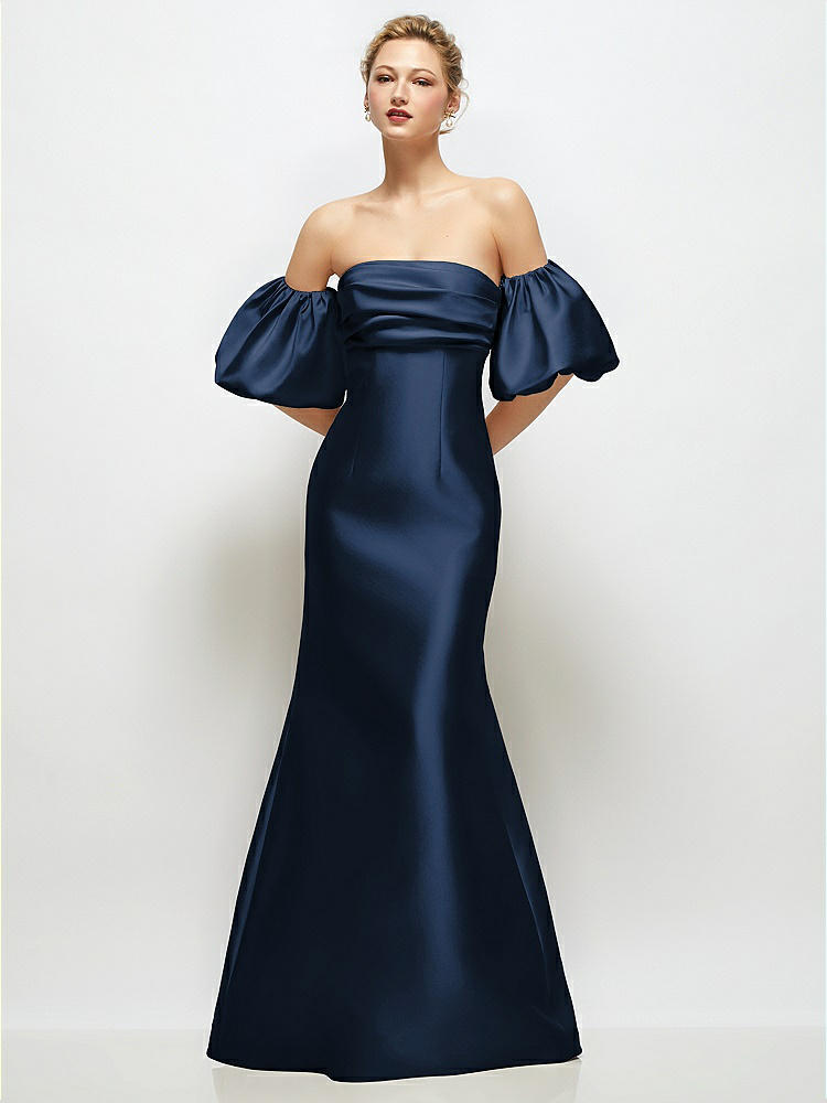 Off-the-Shoulder Puff Sleeve Satin Maxi Dress with Flared Skirt in  Midnight Navy