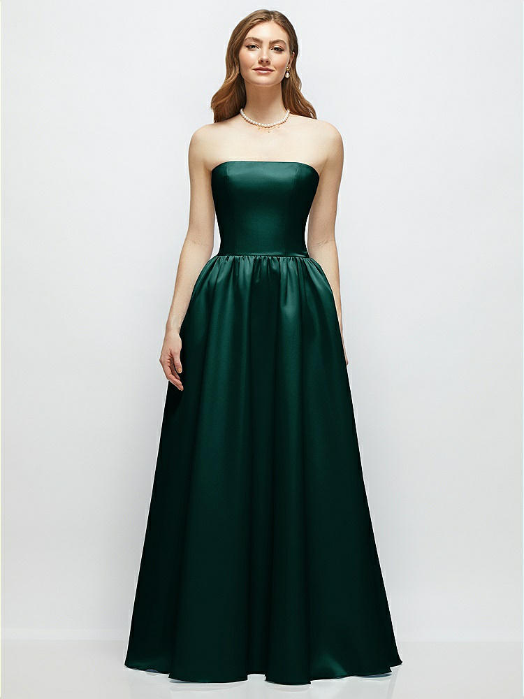 Strapless Satin Drop Waist Gown with Full Skirt in  Evergreen
