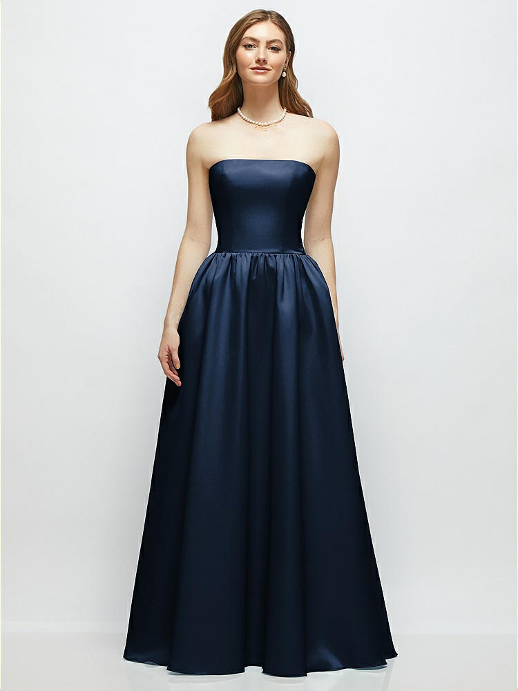 Strapless Satin Drop Waist Gown with Full Skirt in  Midnight Navy