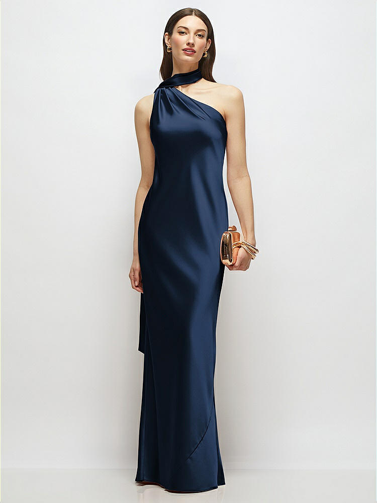 Draped Scarf One-Shoulder Bias Stretch Satin Maxi Dress in  Midnight Navy