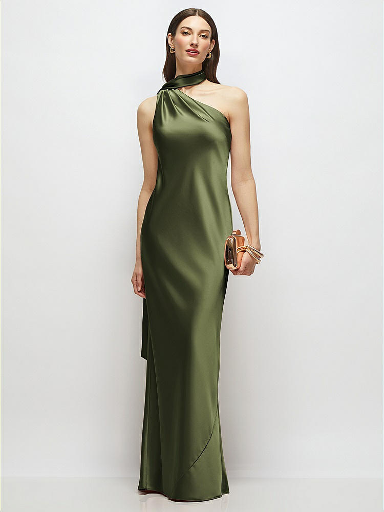 Draped Scarf One-Shoulder Bias Stretch Satin Maxi Dress in  Olive Green