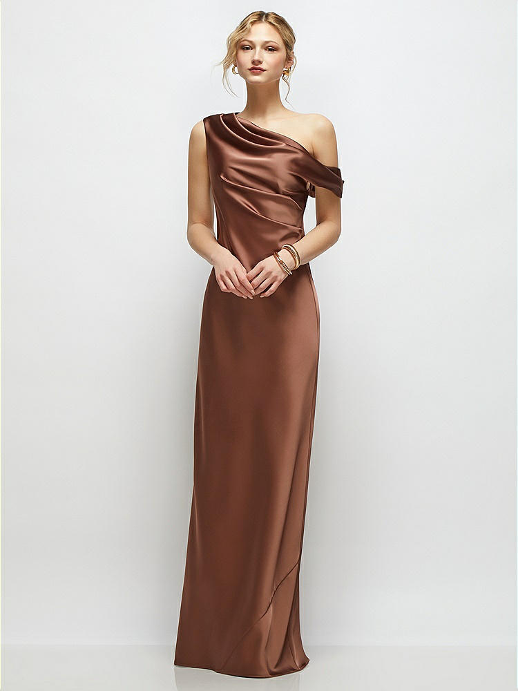 Draped One-Shoulder Bias Stretch Satin Maxi Dress in  Cognac