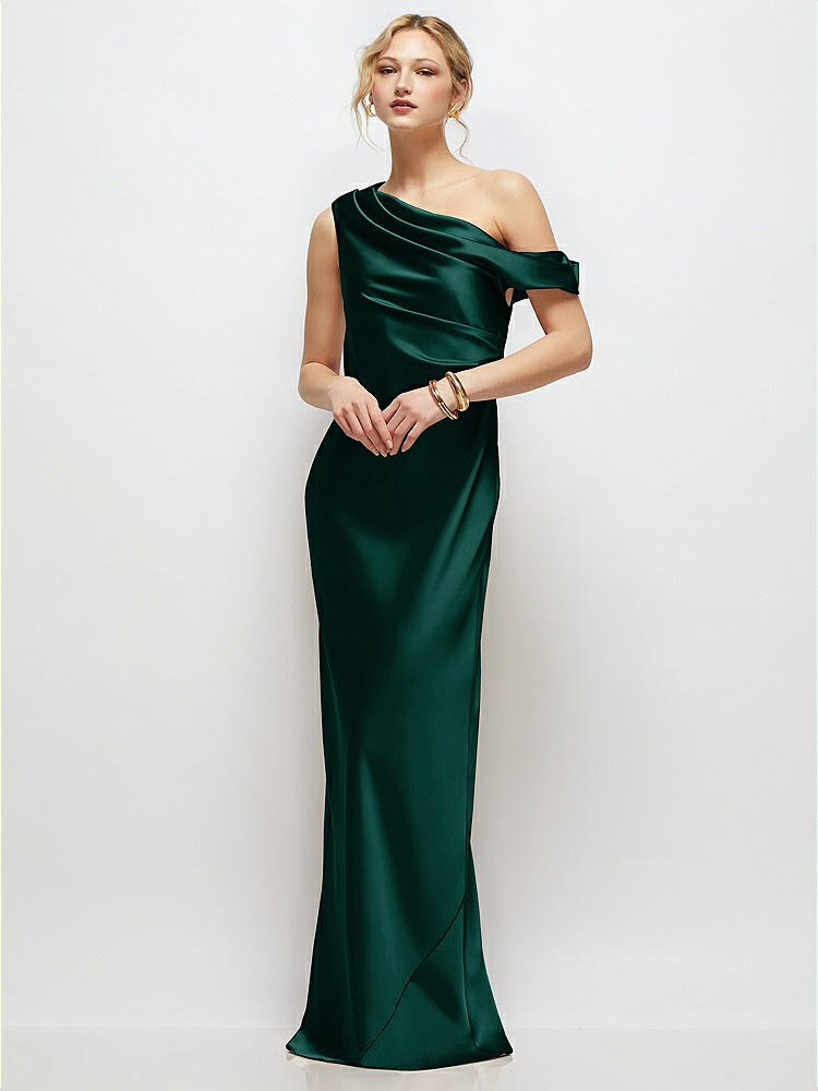Draped One-Shoulder Bias Stretch Satin Maxi Dress in  Evergreen