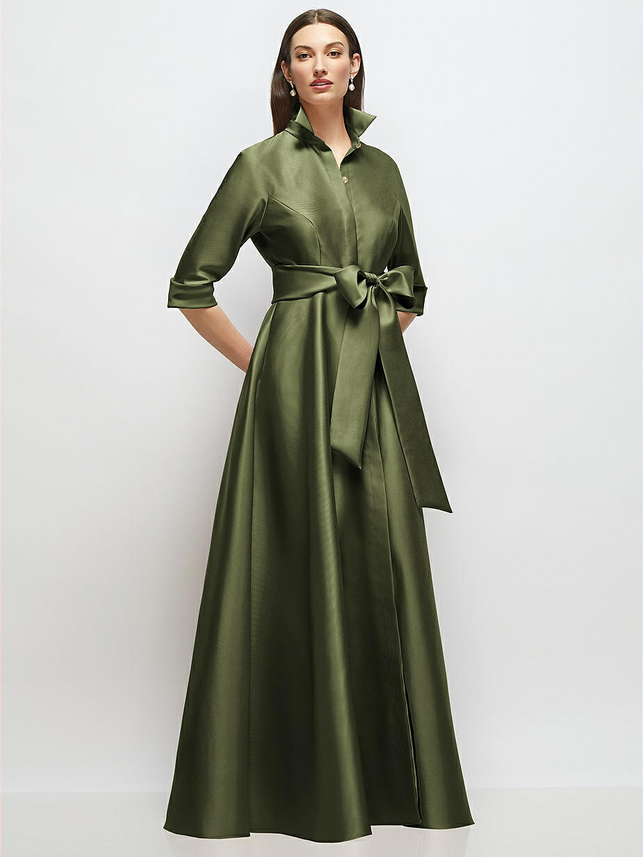 open lace back dress Olive green crêpe dress with 3D leaf embellishment main image 0