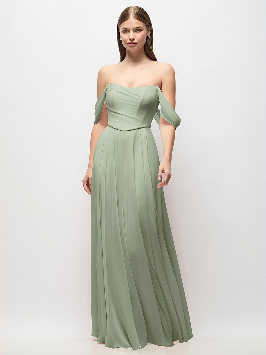 sage green bridesmaid dresses off the shoulder Zapaka Women Sage Green Chiffon Long Sleeves Bridesmaid Dress Ruched A Line Off The Shoulder Wedding Guest Dress, Sage / US20W