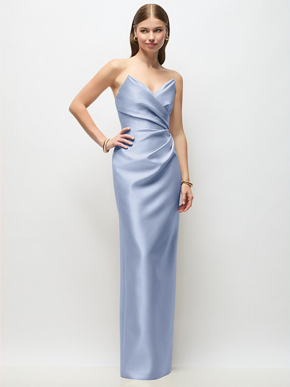 blue asymmetrical dresses Esmeralda Blue Pleated Satin Asymmetrical Dress