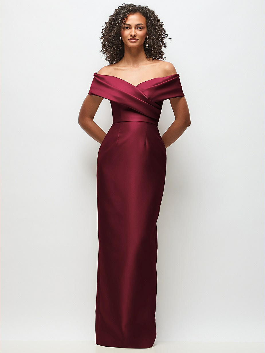 fit and flare long bridesmaid dress Red Ruched V-neck Slit Fit and Flare Charmeuse Bridesmaid Dress main image 1