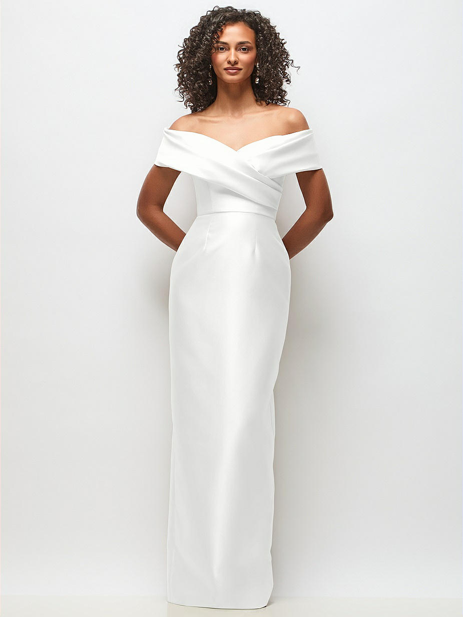 white bridesmaid dresses off the shoulder Classic Long White A-line Off-the-shoulder V-neck Satin Wedding Dress