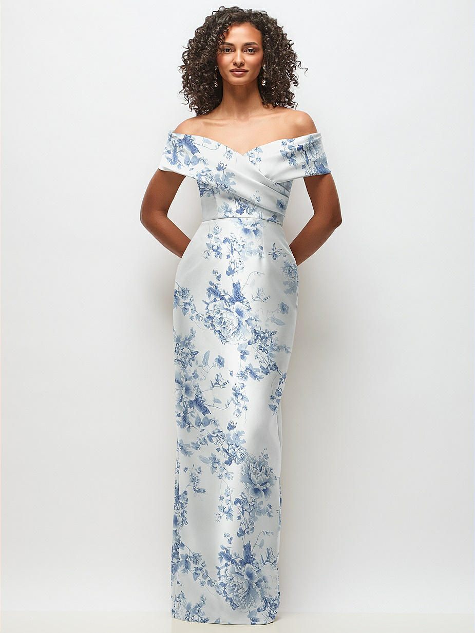 formal off shoulder dress pattern Wedtrend Women Blue Print Bridesmaid Dress A Line Off The Shoulder Floral  Ruched Long Wedding Party Guest Dress – WEDTREND