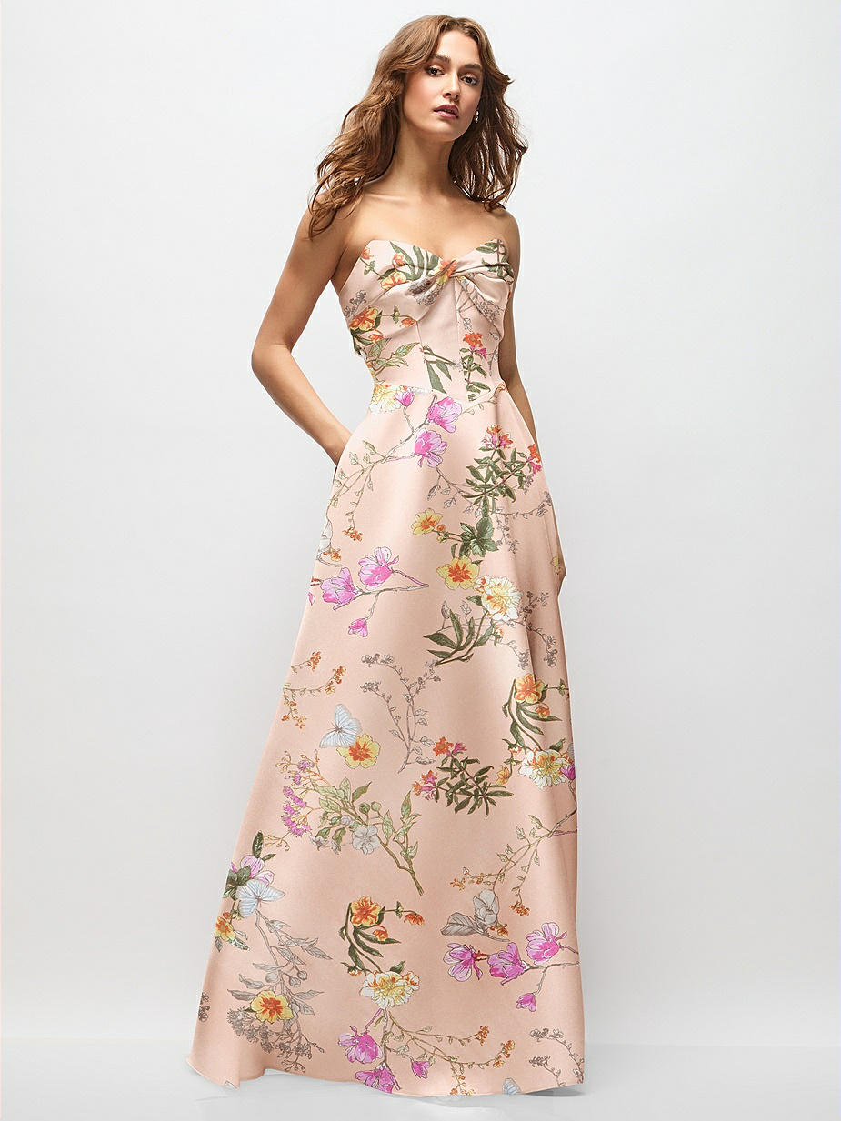 knee length dresses for ladies Strapless Floral A-Line Dress 7443 – Sparkly Gowns