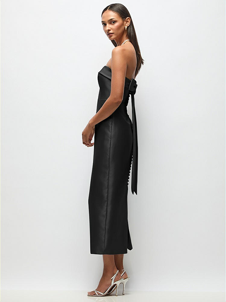 Strapless Cuff Satin Midi Dress with Column Skirt & Back Bow  in  Black