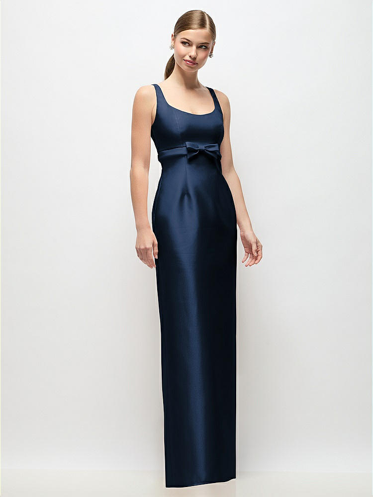 Scoop Neck Satin Column Maxi Dress with Bow at Empire Waist in  Midnight Navy