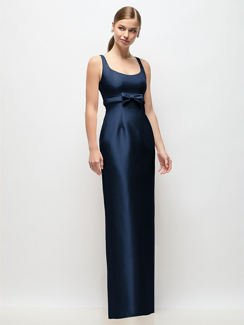 navy blue empire waist dress Dusty Blue Boho Bridesmaid Dresses With Sleeves – Lisposa main image 1
