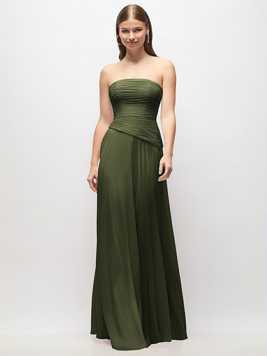 strapless open back dress Olive Green Ruched Maxi Bodycon Dress – Bells of Valor main image 0