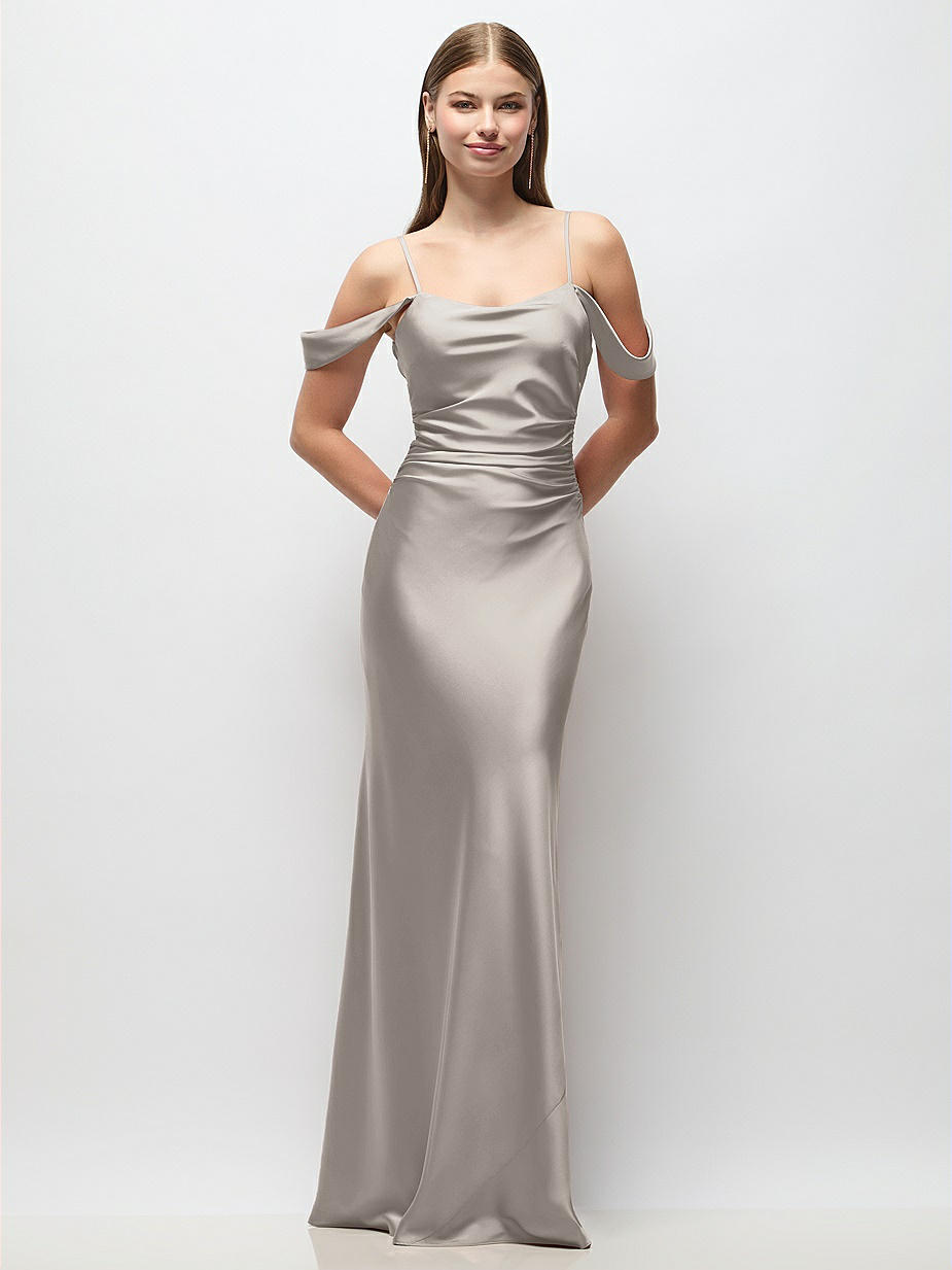 white christmas dresses Taupe Bridesmaid Dress Spaghetti Straps Cowl Neck Sheath/Coulmn Ruched Floor Length Chiffon Bridesmaid Dress with Slit main image 0