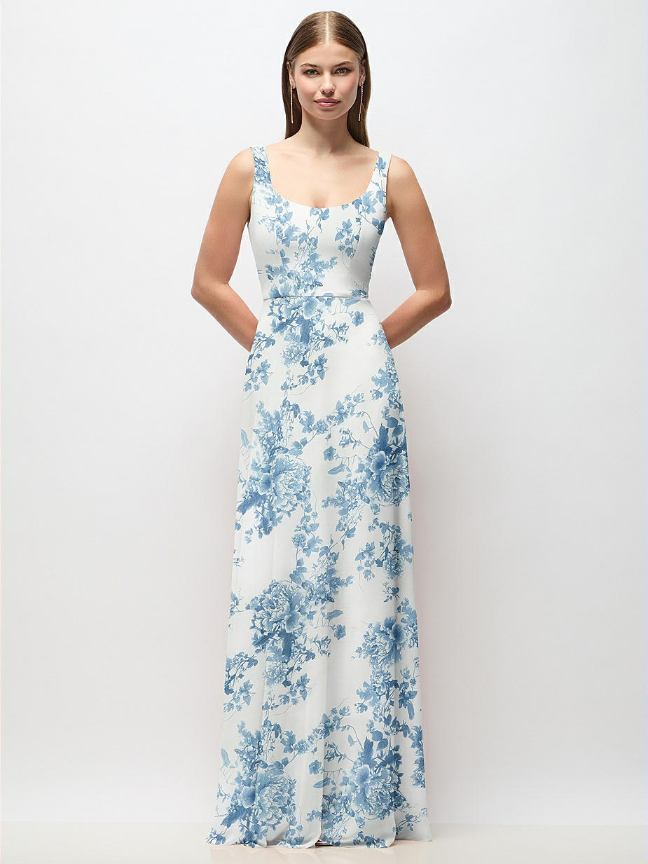 dessy blue floral dress Blue Floral Printed Split Neck Smocked Waist Short Sleeve Maxi Dress * –  SSYS main image 1