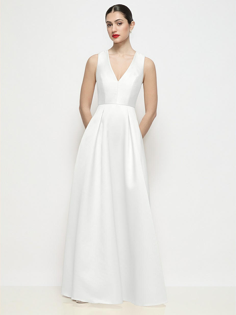 knee length dresses for ladies White Long Satin V-Neck Dress by Cinderella Divine 7469W