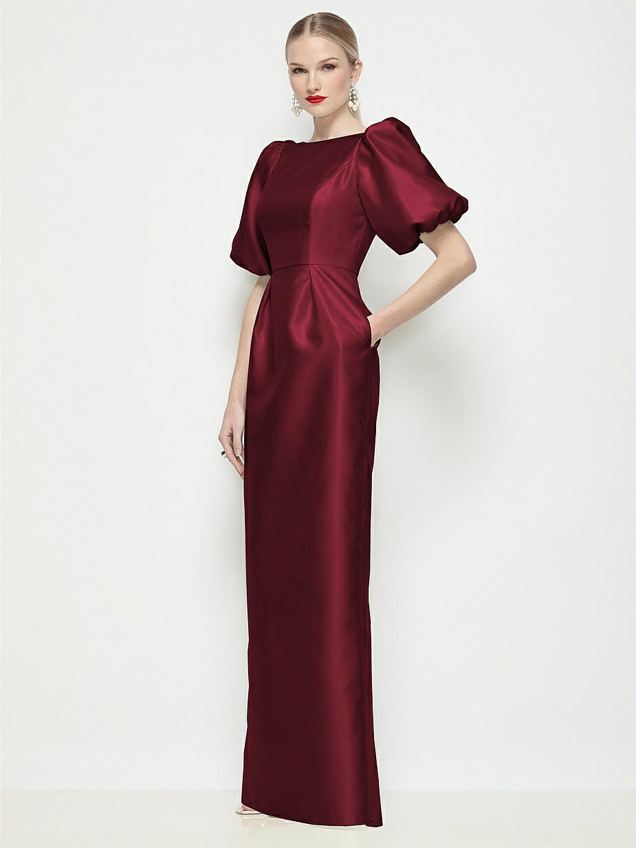 cabernet bridesmaid dress with sleeves Cabernet Bridesmaid Dress Chic Bateau Neckline Ruffle Short Sleeves Sheath/Column Chiffon Bridesmaid Dress with Slit