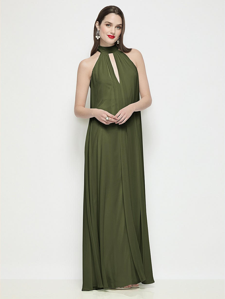 slim fit dress slacks Dark Green Open Back High Neck Side Ruched Gown main image 0
