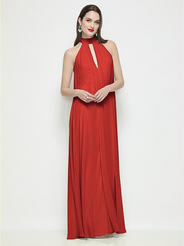 Slip-On Shirred Chiffon Trapeze Halter Dress in  Poppy Red