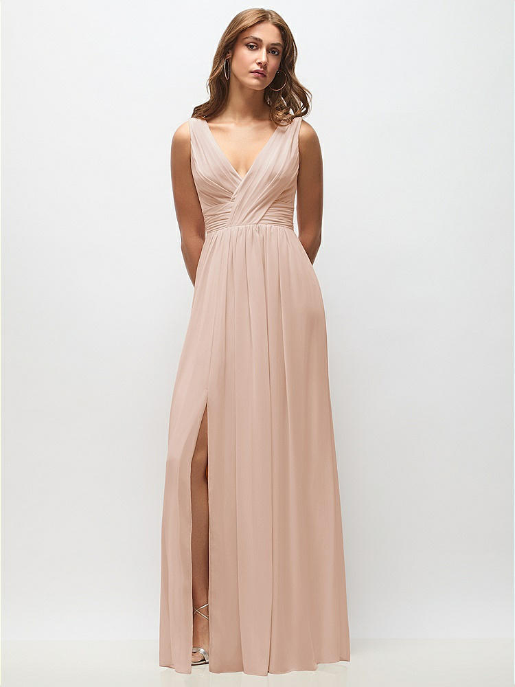 Sleeveless Draped Chiffon Maxi Dress with Front Slit in  Cameo