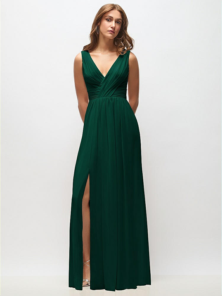 Sleeveless Draped Chiffon Maxi Dress with Front Slit in  Hunter Green