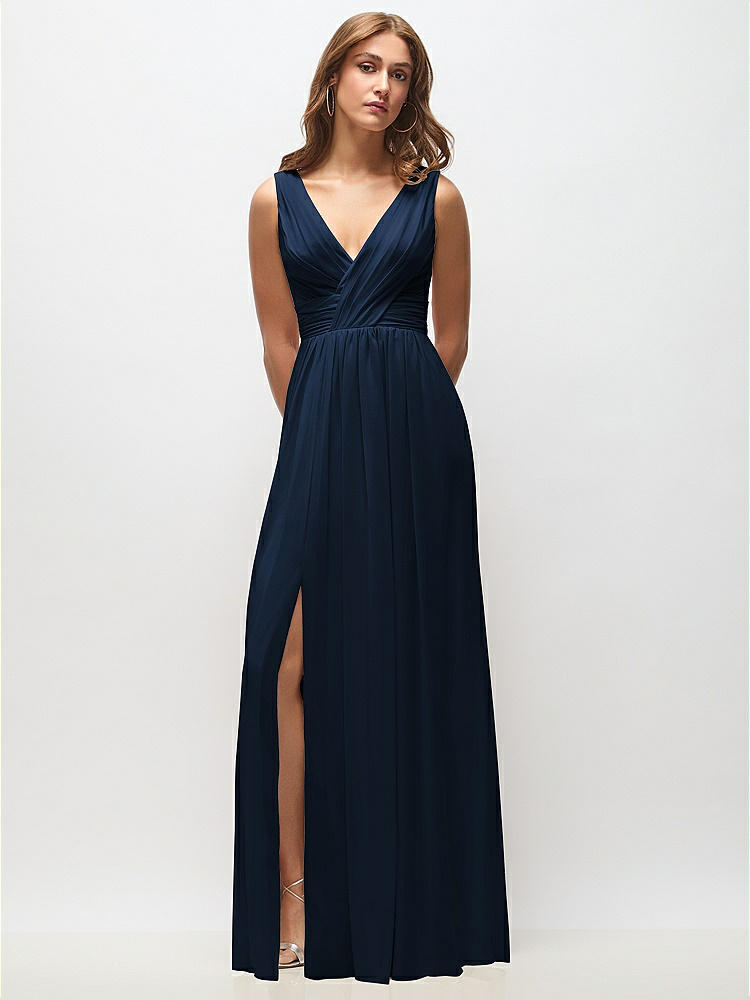 Sleeveless Draped Chiffon Maxi Dress with Front Slit in  Midnight Navy