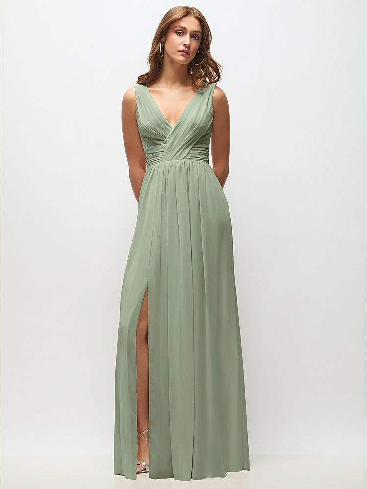 Sleeveless Draped Chiffon Maxi Dress with Front Slit in  Sage