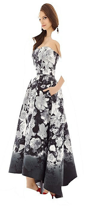 Floral Strapless Satin High Low Dress with Pockets