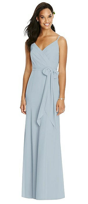 V-Back Draped Wrap Trumpet Gown with Sash 