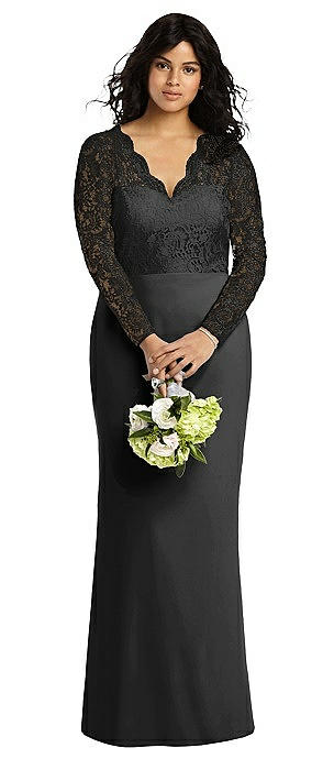  Long Sleeve Illusion-Back Lace Trumpet Gown