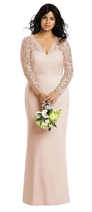  Long Sleeve Illusion-Back Lace Trumpet Gown
